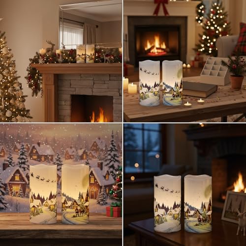 Image of Christmas Flameless Candles, Christmas LED Battery Operated Candles with Remote Timer, Set of 2 Pillar Candle with Snow House, Santa, Reindeer Decals for Holiday Winter Decor(D6 inch x H3 inch)