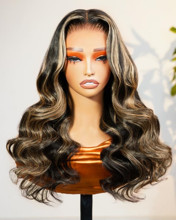 Arabella Glueless 13x6 Ombre Lace Front Wigs Human Hair 230% Density Ear-to-Ear Body Wave Human Hair Pre Plucked Pre Cut Balayage HD Lace Front Wigs Highlight Drawstring Wig fb27# 20 Inch