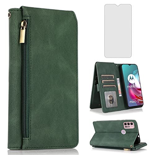 Funda de vidrio templado para Moto G20 con tarjetero protector y monedero de cremallera integrado