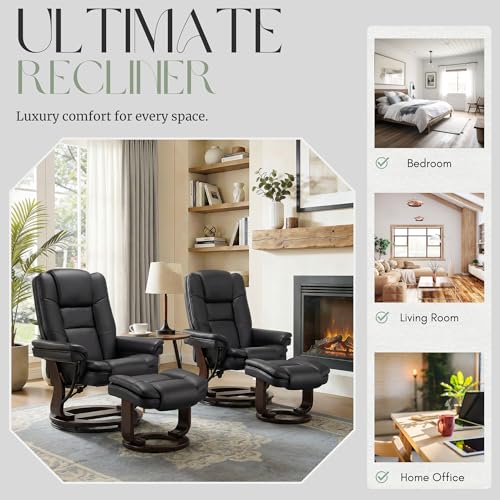 Image of Swivel Recliner Chair with Ottoman Reclining Lounge Sofa Footrest, Set of 1 | 360Sturdy Wood Base, Soft Faux Leather, Upholstered Ultra-Plush Foam, Modern Armchair, Living Room Bedroom Office Reading