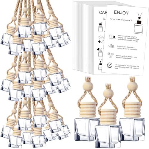 Image of DaisyInner 100 Sets Car Diffuser Bottles Empty Bulk Hanging Car Air Freshener Diffuser Bottles Glass Perfume Holder with Instruction Cards for Essential Oil Wedding Bridal Birthday Gifts (Square)