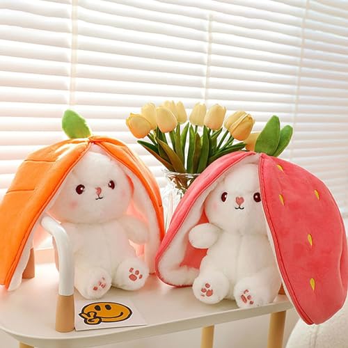 Image of Reversible Strawberry Rabbit Bunny Carrot Plush Toys with Zipper, Cute and Versatile Plushies Stuffed Animal Soft Toy Birthday Gift for Girls & Kids (Pink)
