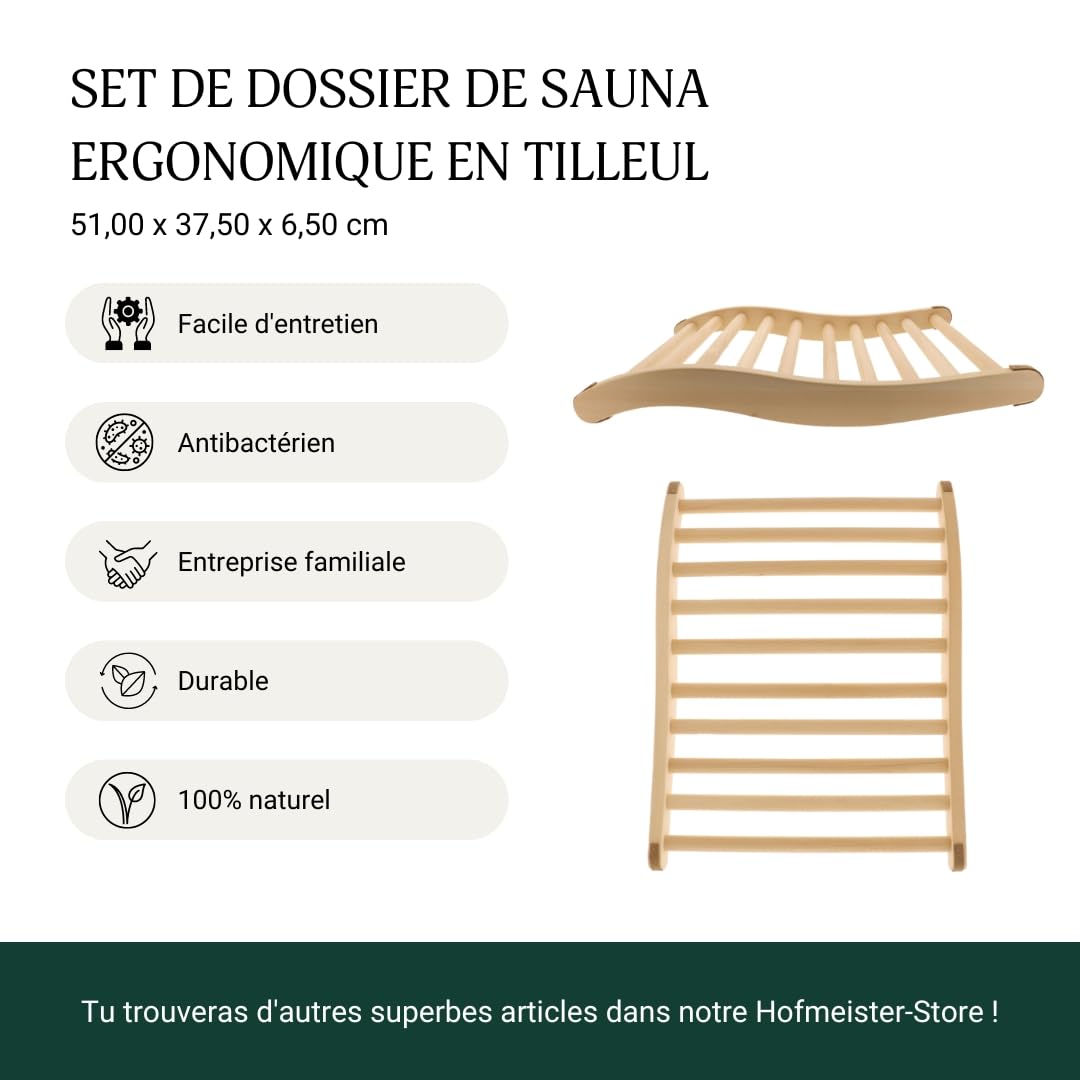 2X HOFMEISTER® Dossier Sauna 51 cm, Bois de Tilleul pour Hautes Températures, Ergonomique, Bouchons Liège Antidérapants, Fabrication Manuelle UE, Appui-Dos & Tête Relaxation
