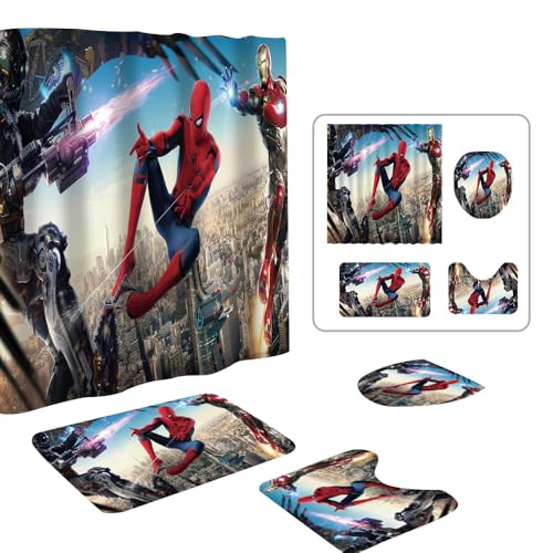 DIOSN Cute Spidey Shower Curtain Set 4 Piece with Non-Slip Rugs Toilet Lid Cover and Bath Mat Cartoon Bathroom Decor 72 x 72inch (Spider)