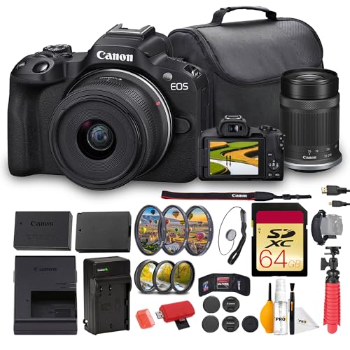 Image of Canon EOS R50 Mirrorless Camera with 18-45mm & 55-210mm Lenses Bundle | 24.2MP APS-C Sensor, Dual Pixel CMOS AF II & 4K Video | For Beginners & Travel (5811C022) + 64GB Card + Battery + Charger + More
