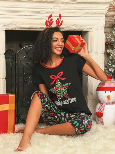 Image of ENJOYNIGHT Womens Pajama Sets Cotton Pj Set Short Sleeve Top With Capri Pants Sleepwear 2 Piece Lounge Set