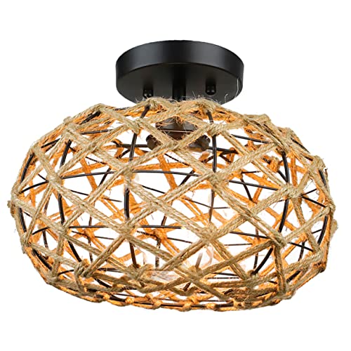 HOMSFOU Plafonnier Encastré Vintage En Fer Et Corde De Jute, Compatible Douille E26/e27, Luminaire De Plafond Rustique Pour Salon Et Couloir, Luminaire Monté Au Plafond Sans Ampoule