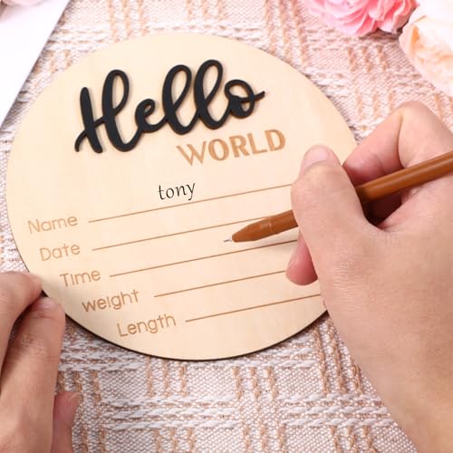 Image of Wooden Baby Announcement Sign, 5.9 Inch Hello World Newborn Sign, Hospital Birth Stat Plaque, Hospitals, Homes, Nurseries, Suitable for Newborn Boys and Girls, Birth Souvenir (Black)