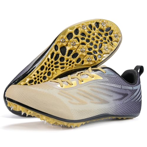 Track and Fields Sneakers Mens Womens Track Running Shoes Athletes Sprinter Racing Shoes Spikes Track Shoes for Students Boys Girls (Black Gold,6)