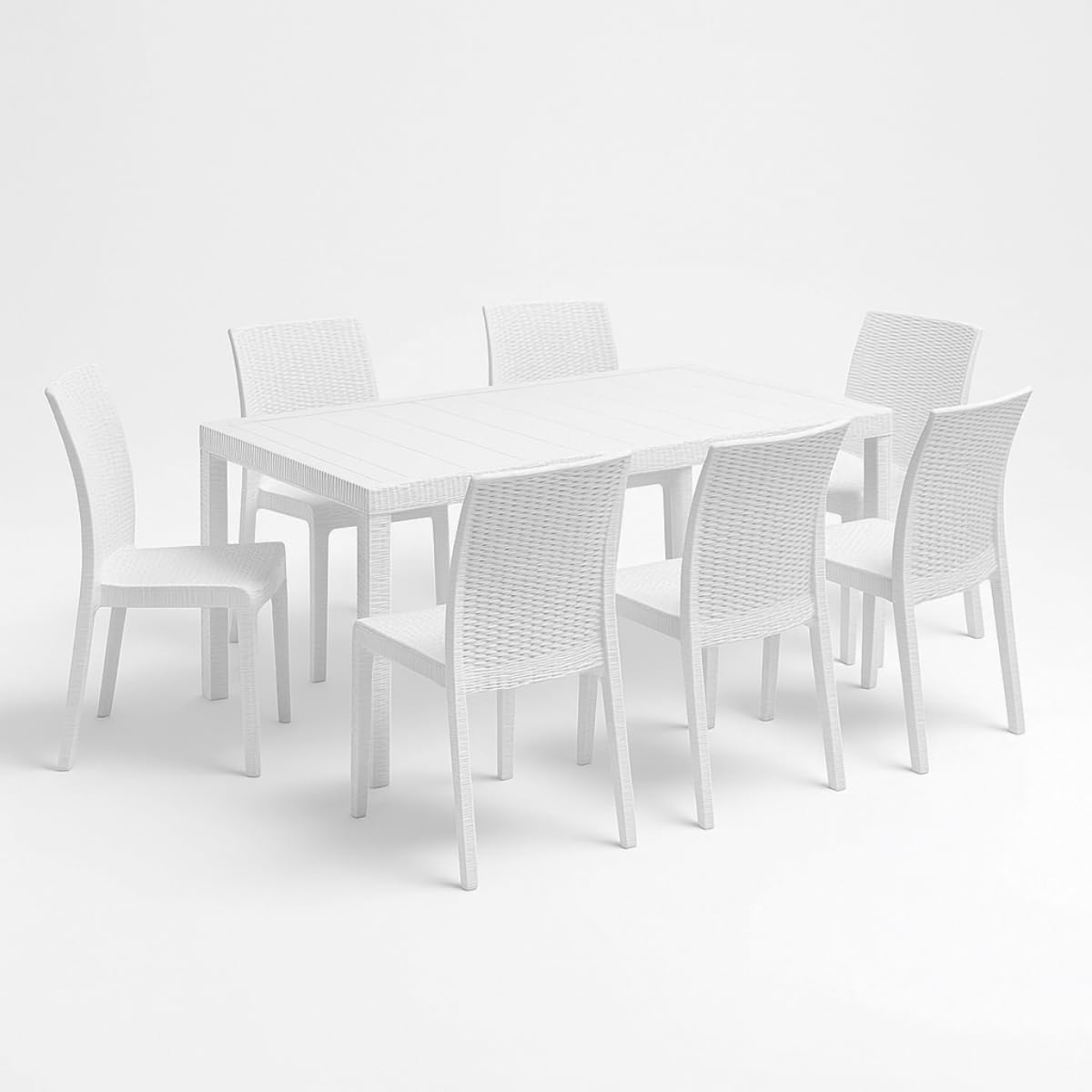 Tomaino - Set Tavolo e 6 Sedie Da Giardino In Plastica - Sedia e Tavolo Per Esterno Da Pranzo 6 Posti Rettangolare Effetto Rattan 150x90x74h cm (Bianco)