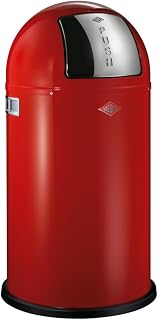 WESCO Pushboy Mülleimer in der Farbe rot, pulverbeschichtetes Stahlblech, 50 Liter Volumen, große Edelstahlklappe, herausnehmbarer Innenbehälter