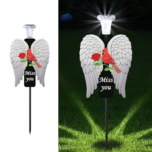 VKEVOC 20-Inch Solar Angel Wings Memorial Stake with Red Cardinal - Metal Cemetery Decorations for Grave Fathers Day Sympathy Gift for Loss of Father Dad Mom(Angel Wings)