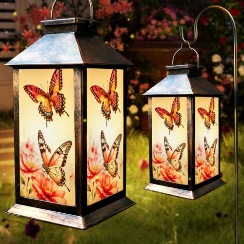 Solar Lanterns Outdoor Lights, Birthday Gifts for Women Mom Grandma, Butterfly Garden Decor, Hanging Solar Lights Outside Decorative, Solar Powered Lanterns for Yard Patio Path Backyard Porch Decor
