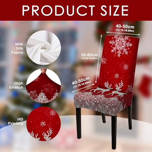 Image of Nuxovilar 6PCS Deer Snowflake Red Stretch Chair Covers 23.6x70in | Holiday Slipcover Festive Protector Snowflake Wrap Seat Guard Dining Room Family Dinner Gathering (Snowy Deer)