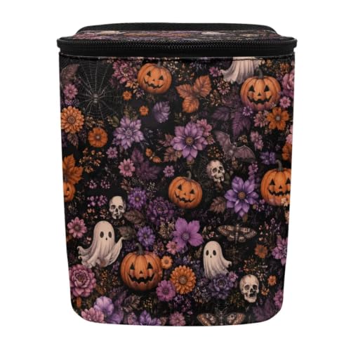Image of Talayituse Ghost Pumpkin Skull Flower Print Car Trash Can with Lid, Leak Proof Auto Trash Bag Hanging Vehicle Garbage Can Multipurpose Storage Container for Back Seat Road Trip Halloween Decor