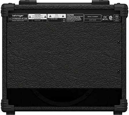 Rear panel of the Behringer ULTRABASS BT108, displaying serial number, regulatory information, and power input.