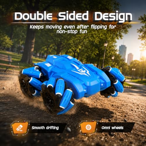 Image of Amazon Brand - Jam & Honey Remote Control Drift Stunt Car Toy | 4x4 RC Car for Kids & Adult | High Speed Racing Car | Omni-Directional Wheels | 360 Rotation | RGB Lights Music | Blue