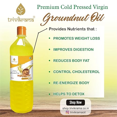 Image of Trivikrama Premium Cold Pressed Groundnut Oil | Peanut Oil | Moongfali Ka Tel | Kolhu /Kachhi Ghani /Chekku /Wood Pressed | Chemical Free | Natural Cooking Oil For Deep Frying And Baking 1L - (Pack Of 1)