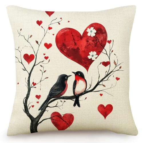 Cojines Sofa 40x40 Corazón Rojo Magpie Cojines Lino de Algodón Cojines Cama con Cremallera Invisible Funda Cojin Moderna Cuadradas Fundas de Cojines para Decorativa Hogar Coche Sofá