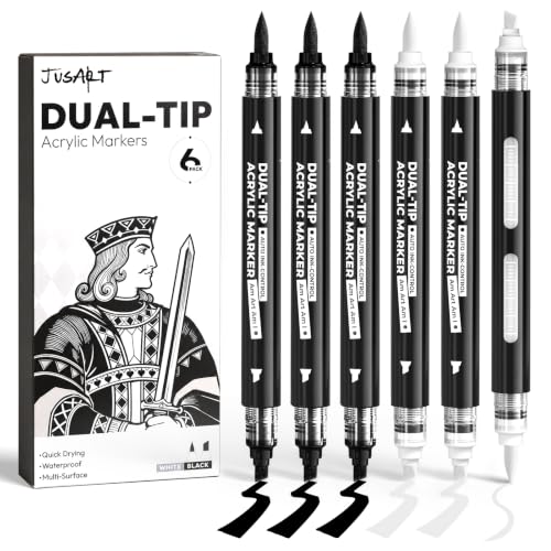 Image of JusArt 6 Black & White Acrylic Paint Markers, Dual Tip Markers for Drawing