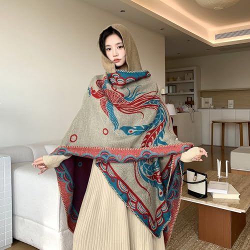 Elegante poncho con estampado de fénix y capa chal estilo étnico vintage 8