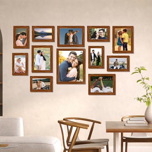 Image of Family Photo Frame Set of 12 for Wall Decor, Wooden Finish Collage Picture Frames for Living Room, Bedroom, Multi-Size Wall Hanging Gallery Frame Set, (7 Set 4x6, 4 Set 6x8, 1 Set 8x10 Inch)