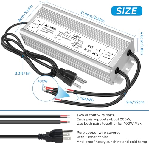Image of 12V 400W LED Power Supply, IP67 Waterproof LED Driver, AC 90-140V to DC 12 Volt 33.3A Low Voltage Transformer Converter for Outdoor LED Strip Lights, Landscape Lighting, 3-Prong Plug with 3.3FT Cable
