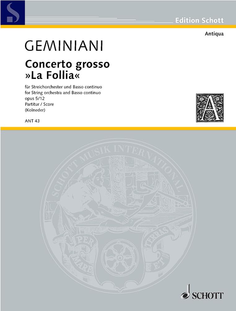 Concerto Grosso: "La Follia" from Corellis op. 5/12. 2 solo-violins, solo-cello/double bass, string orchestra and basso continuo. Partition.