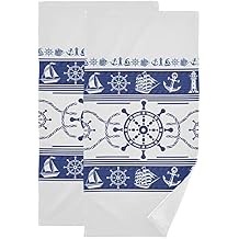 Nautical Sailboat Anchor Wheel Lighthouse Hand Towels Set of 2 Blue Highly Absorbent Soft Bathroom Decor Hair Towel Gym Towels Bathroom Accessories Set for Bathroom Hotel Gym and Spa 28x14.5 Inch