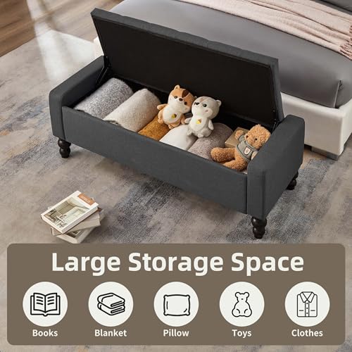 Image of 50 inch W Storage Ottoman Bench with Safety Hinge, Load up to 660 lb Ottoman with Storage, Upholstered Tufted Entryway Bench with Seating for Living Room, Bedroom, Entryway, Dark Gray