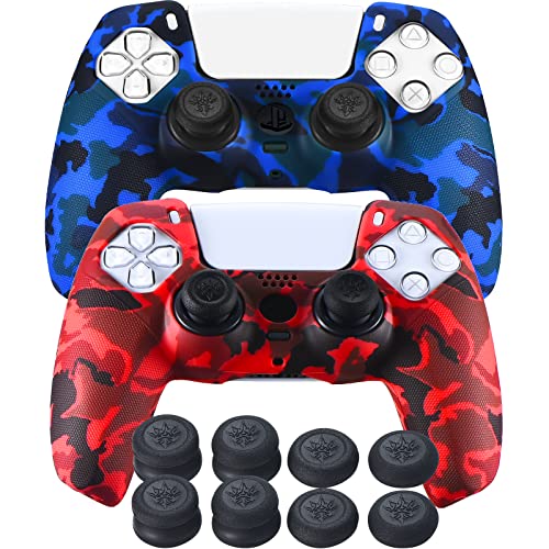 Yorha Grip Texture Printing Silicone Cover Skin For Ps5 Dualsense Controller X 2(Camouflage Red+Blue) With Pro Thumb Grips X 8 #TOP1