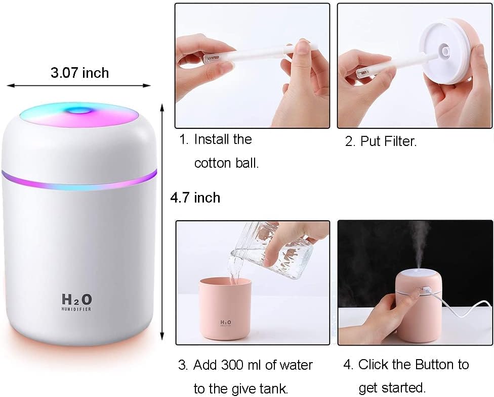 Cool Mini Humidifier, USB Personal Desktop Colorful Cool Mist Humidifiers for Bedroom, Car, Office, etc. Auto Shut-Off, 2 Adjustable Mist Modes, Super Quiet (White)