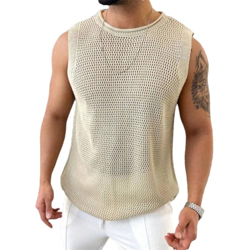 Men Casual Knitting Tank Tops Summer Sexy Transparent Beach Vest Sleeveless Hollow Out Sweater