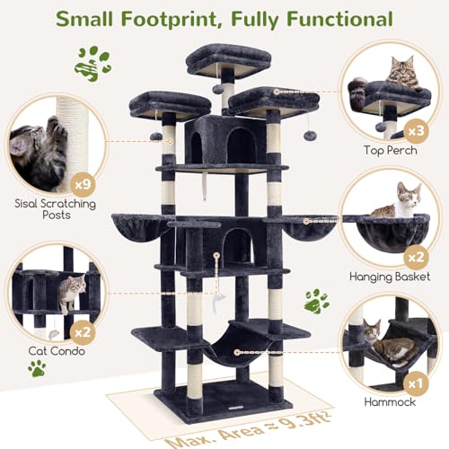 Image of Globlazer Big Cat Tower for Indoor Cats, 80inch Cat Tower for Multiple Adult Cats XXL Cat Tree with Scratching Post, Hammock, 3 Perches, 2 Condos, 2 Hanging Basket, F80, Dark Grey