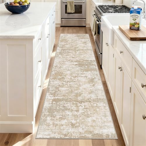 TTelephant Washable Carpet Runners for Hallway 8ft-Non Slip Floor Runners for Dogs, Abstract Hallway Runner Rug with ‌Silicone Backing, Stain Resistant Rug for Indoor High Traffic,2.6x8,Beige/Yellow