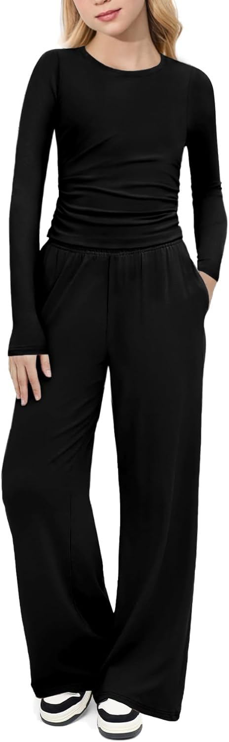 Arshiner Girls 2 Piece Set Fall Outfits Lounge Sets Ruched Long Sleeve Top Wide Leg Pants Sweatsuit Clothing Set