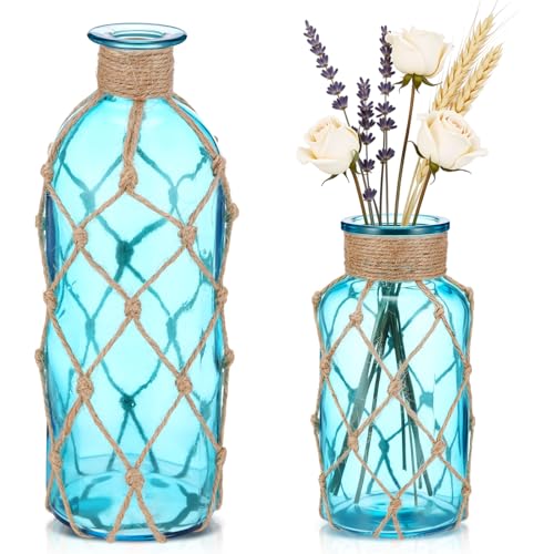 Chuangdi Set of 2 Coastal Glass Vases for Flowers TSITP Flower Vase with Boho Rope...