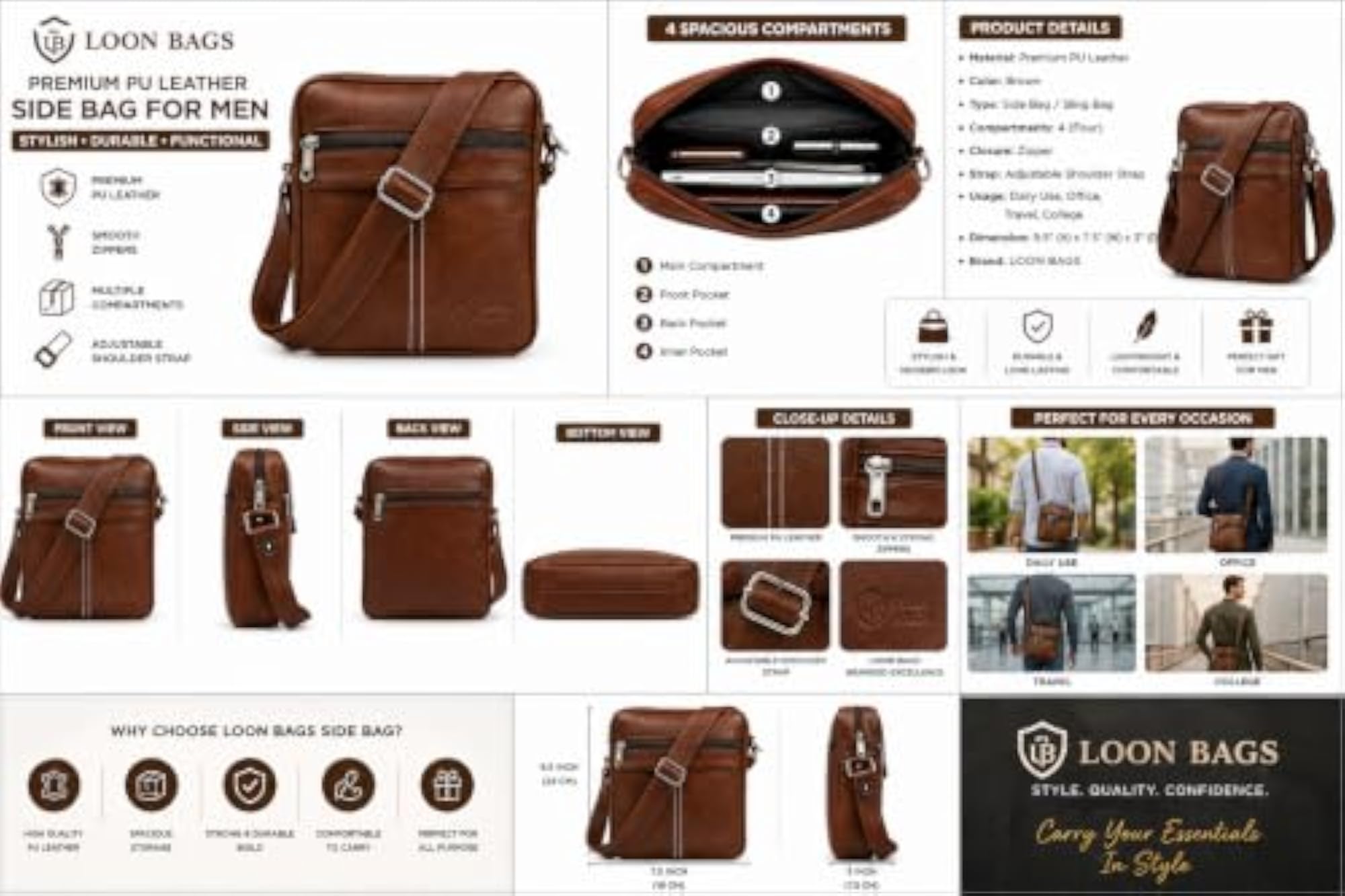 Men's Brown PU Leather Multi-Compartment Laptop Bag