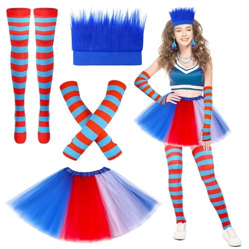 Axinyijia Gonna in Tulle Donna Arcobaleno Costume di Carnevale, Anni 80 Vestiti e Accessori con Fascia in Piume Colorate, Calzettoni Arcobaleno, Guanti Senza Dita Cosplay (rosso blu)