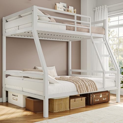 Image of iPormis Metal Bunk Bed Twin Over Full, Heavy Duty Bunk with High Guardrail and Safety Entrance Design, Under-Bed Storage Space, Easy Assembly, Noise Free, White