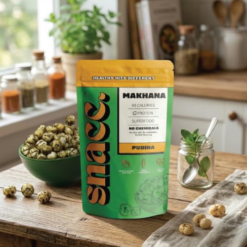 Image of Snacc Makhana, Spicy Roasted Fox Nuts, Protein Rich, Gluten Free, MSG Free, Zero Trans Fat, Zero Sugar, Low Calorie 60 g (Pack of 2, PUDINA)