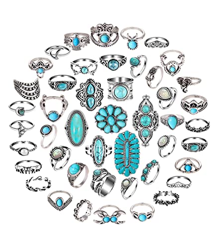 Mixcbe 50 Pcs Western Turquoise Rings Set For Women Rings Vintage Bohemian Stackable Gemstone Rings Boho Joint Knuckle Rings Midi Stacking Rings For Women Holiday Gifts cover