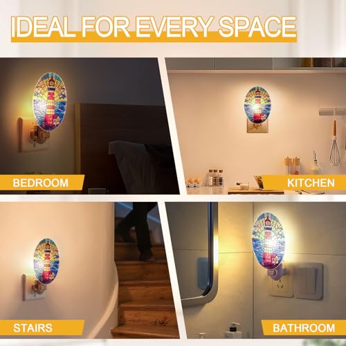 Image of Lighthouse Stained Glass Styled Night Light Plug in - Made with Real Glass, Bulb Included, On /Off Switch - Nautical Beach Theme Bathroom, or Beach House Accent Light Dawn Blue