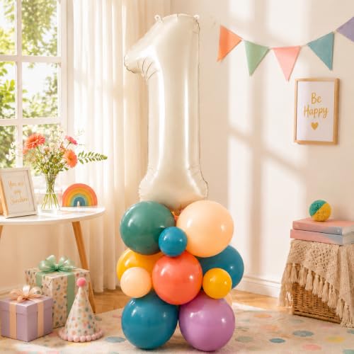 Image of 40 Inch Boho Rainbow Number 1 Balloon Tower for 1st Birthday Decorations