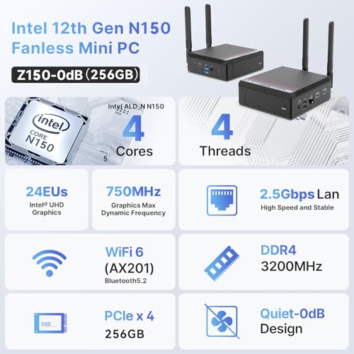 Image of MINIX Z150-0dB Fanless Mini PC, Intel N150 (Upgraded N100), 8GB DDR4 /256 GB PCIe x 4 SSD /4K Dual HDMI Display /2.5G LAN /USB-C /Windows 11 Pro /Auto Power On, for Home Office Industrial and Commercial