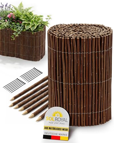 Sol Royal Beeteinfassung Weide 40 cm hoch 300 cm lang Mini Gartenzaun zum Stecken inkl. 7 Pflöcke & 14 Kabelbinder Flexible Rasenkante Steckzaun Beetumrandung Holz Weidenzaun Beetabgrenzung WB79
