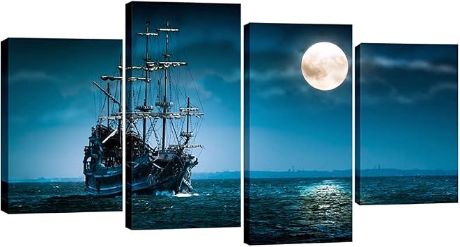 Pyradecor Night Navigation 4 Piece Modern Stretched Seascape Artwork Canvas Prints Moon Pictures Paintings on Canvas Wall Art for Living Room Bedroom Home Decorations