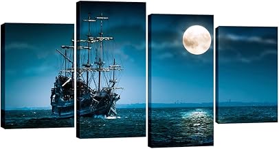 Pyradecor Night Navigation 4 Piece Modern Stretched and Framed Seascape Artwork Giclee Canvas Prints Moon Pictures Paintings on Canvas Wall Art for Living Room Bedroom Home Decorations