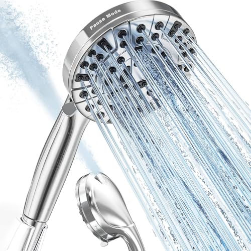 Baseau Luxury Handheld Shower Head,10 Functions Spray Setting High Pressure ShowerHead, Built-in Pause Mode & 2 Jet Mode Power Wash for Tubs Tiles Walls Pets Cleaning (Premium Chrome)