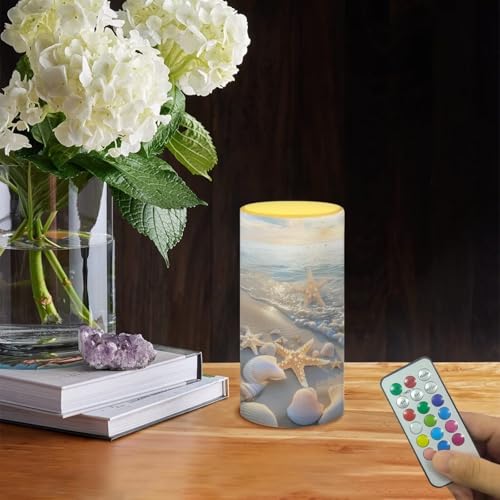 Image of Poceacles Beach Starfish Shell Sea Flameless Candle with 18-Key Remote Timer Color Changing, Flickering Wick Realistic Votive Electric Candle for Beach Theme Home Kitchen Decoration